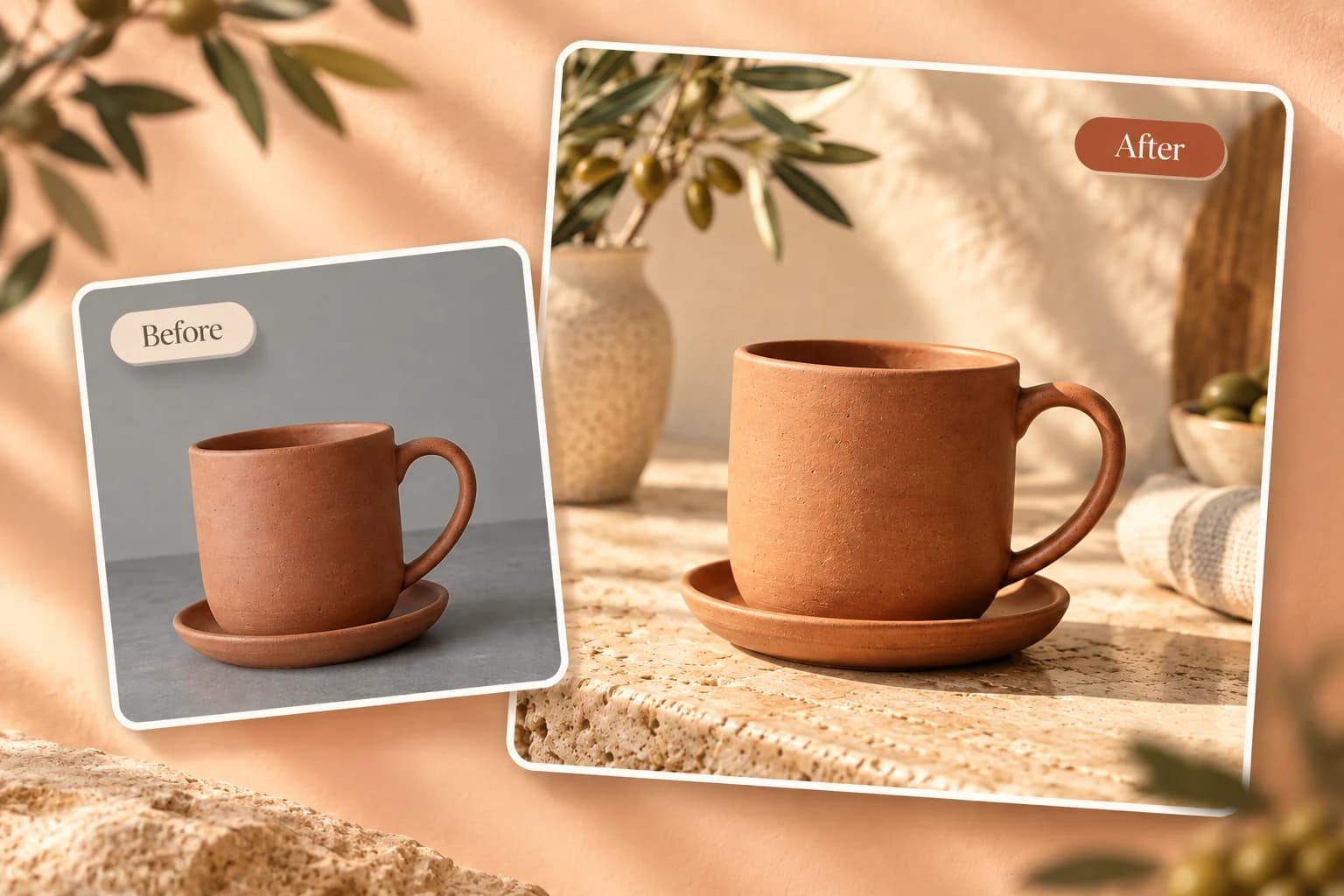 A terracotta mug on a plain gray background and the same mug in a sunlit kitchen product scene
