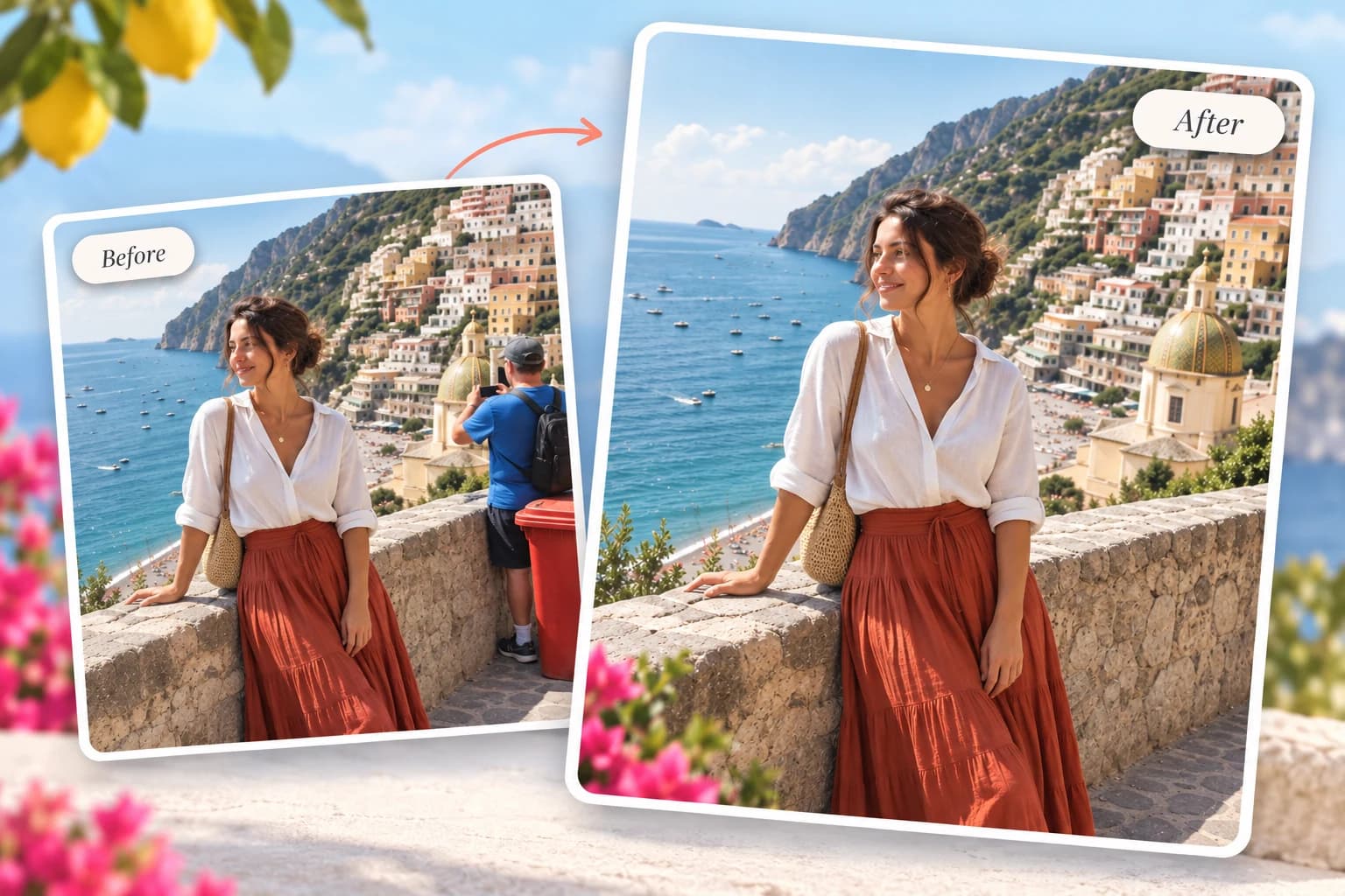 A seaside travel photo before and after removing a distracting tourist and trash bin